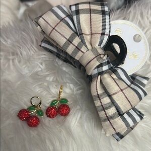 Brand New ! Plaid Hair Bow claw  and Cherry Earrings